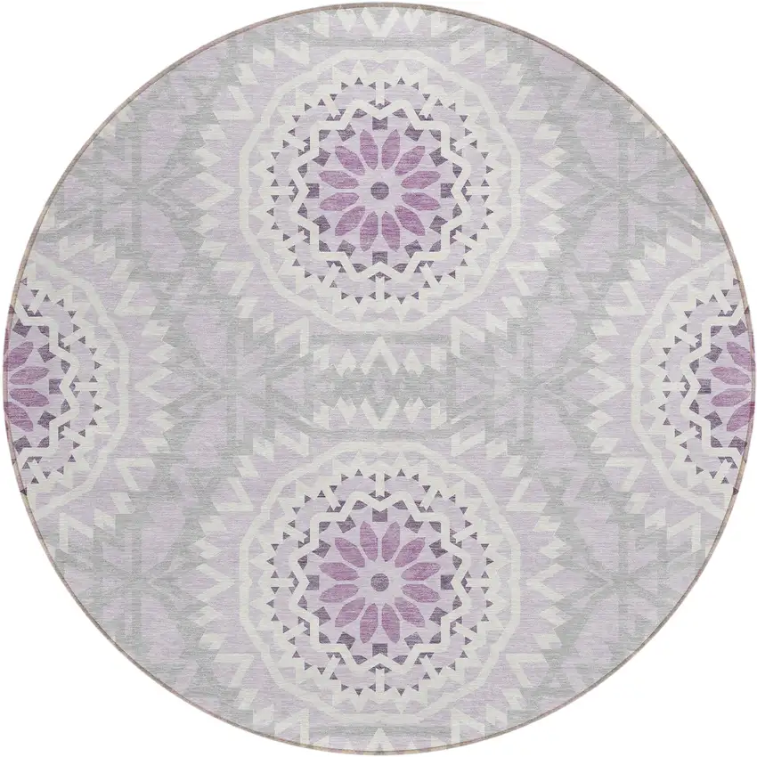 8' Lilac Purple And Ivory Round Floral Medallion Washable Indoor Outdoor Area Rug Photo 2