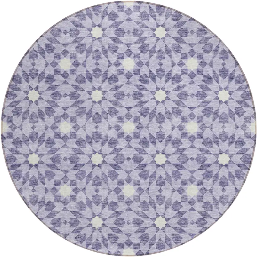 8' Lilac Purple And Ivory Round Floral Medallion Washable Indoor Outdoor Area Rug Photo 2