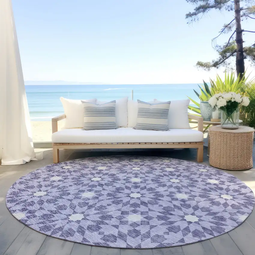 8' Lilac Purple And Ivory Round Floral Medallion Washable Indoor Outdoor Area Rug Photo 6