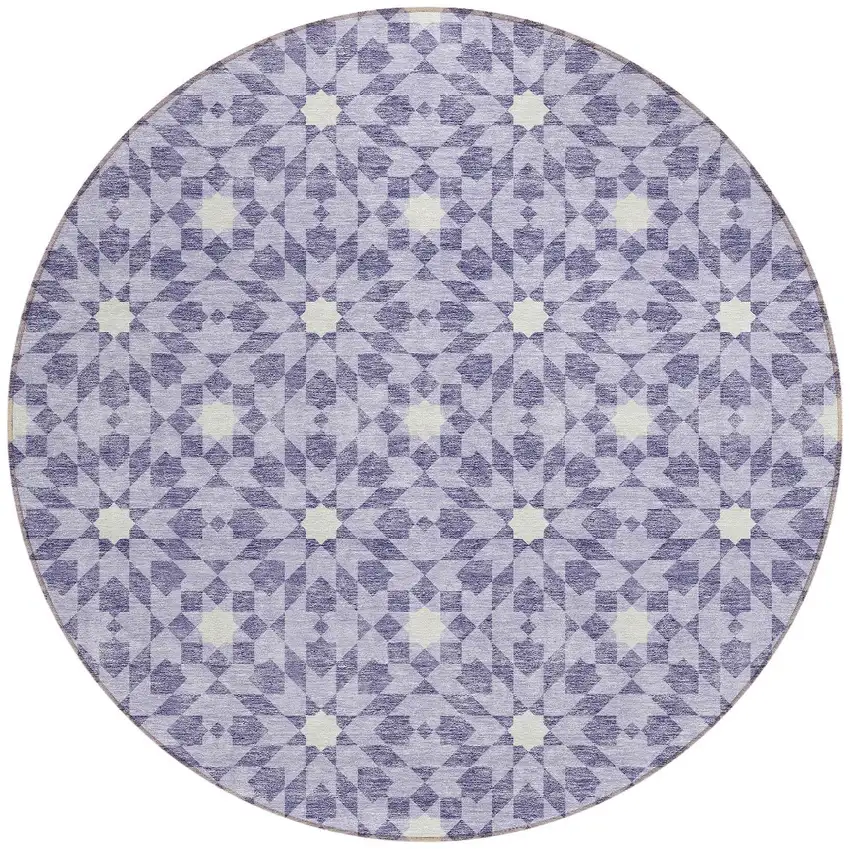 8' Lilac Purple And Ivory Round Floral Medallion Washable Indoor Outdoor Area Rug Photo 5