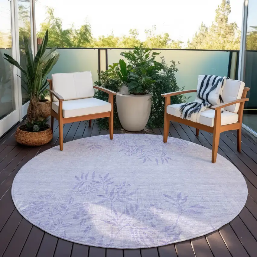 8' Lilac Purple And Ivory Round Floral Washable Indoor Outdoor Area Rug Photo 6