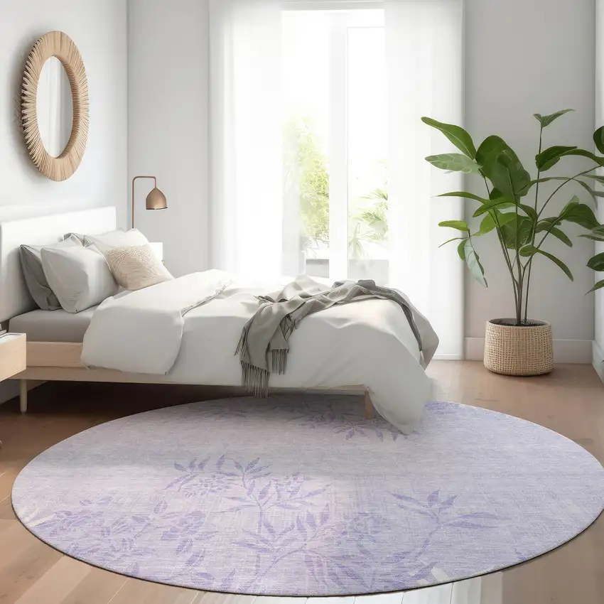 8' Lilac Purple And Ivory Round Floral Washable Indoor Outdoor Area Rug Photo 7