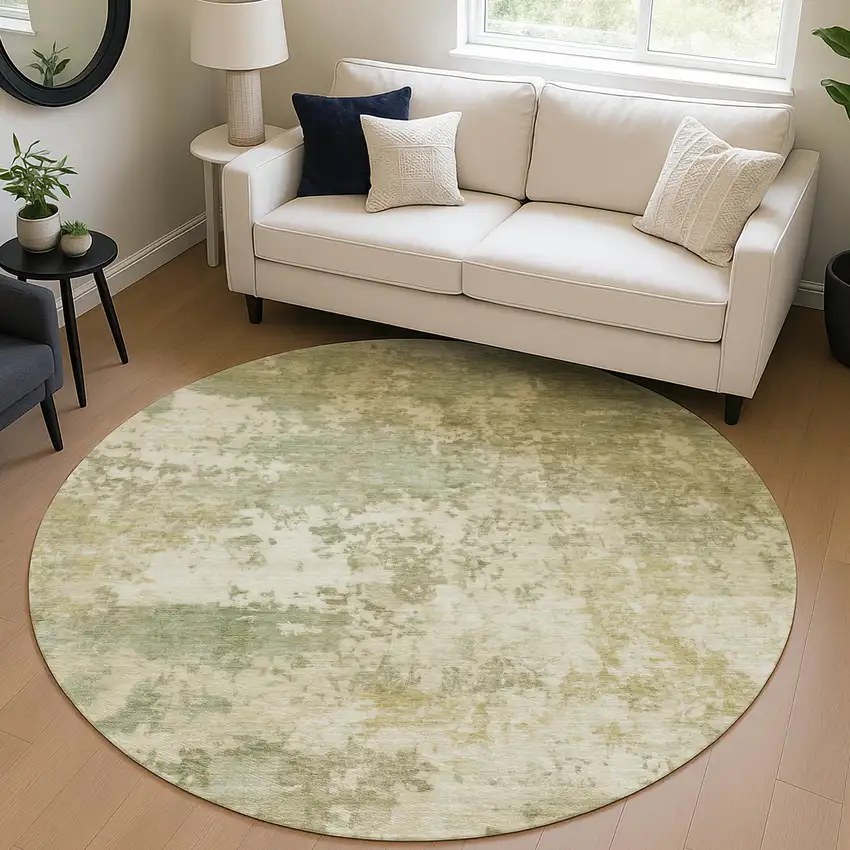 8' Lime Green And Beige Round Abstract Washable Indoor Outdoor Area Rug Photo 5