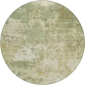 Photo of 8' Lime Green And Beige Round Abstract Washable Indoor Outdoor Area Rug