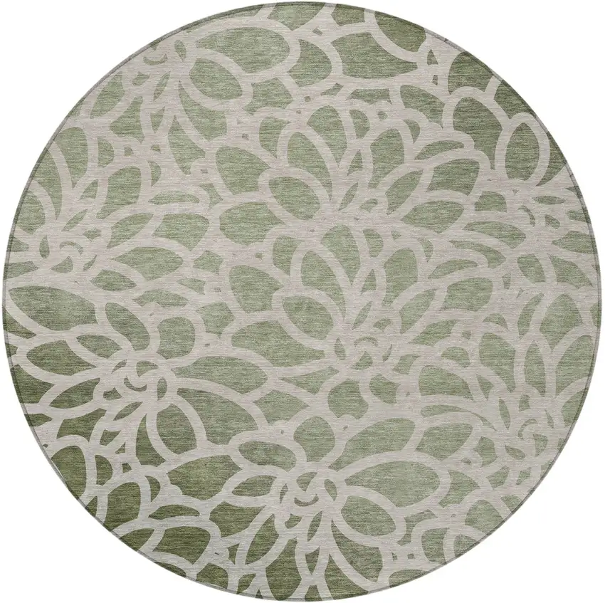 8' Lime Green And Beige Round Botanical Leaves Washable Indoor Outdoor Area Rug Photo 3