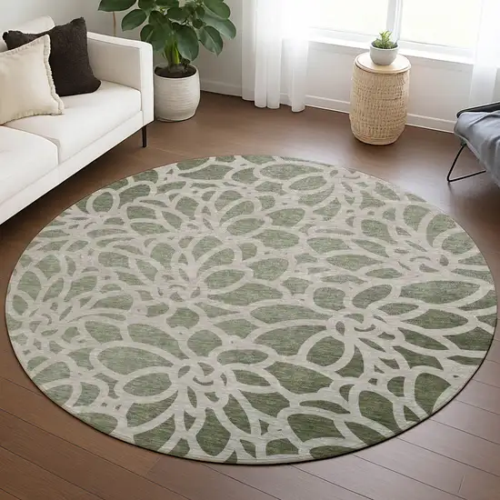 8' Lime Green And Beige Round Botanical Leaves Washable Indoor Outdoor Area Rug Photo 5