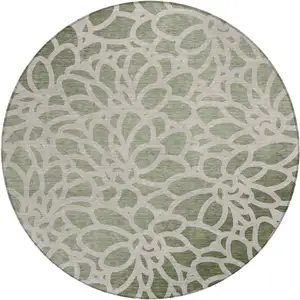 Photo of 8' Lime Green And Beige Round Botanical Leaves Washable Indoor Outdoor Area Rug