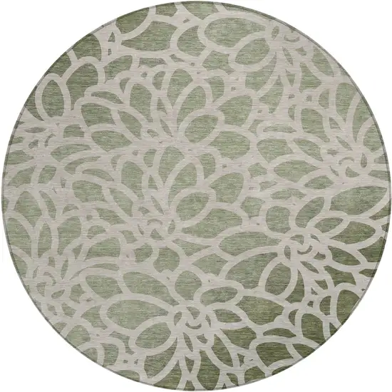 8' Lime Green And Beige Round Botanical Leaves Washable Indoor Outdoor Area Rug Photo 1