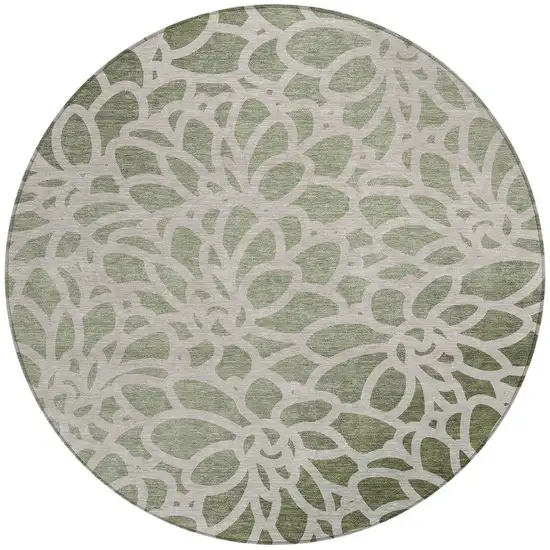 8' Lime Green And Beige Round Botanical Leaves Washable Indoor Outdoor Area Rug Photo 2
