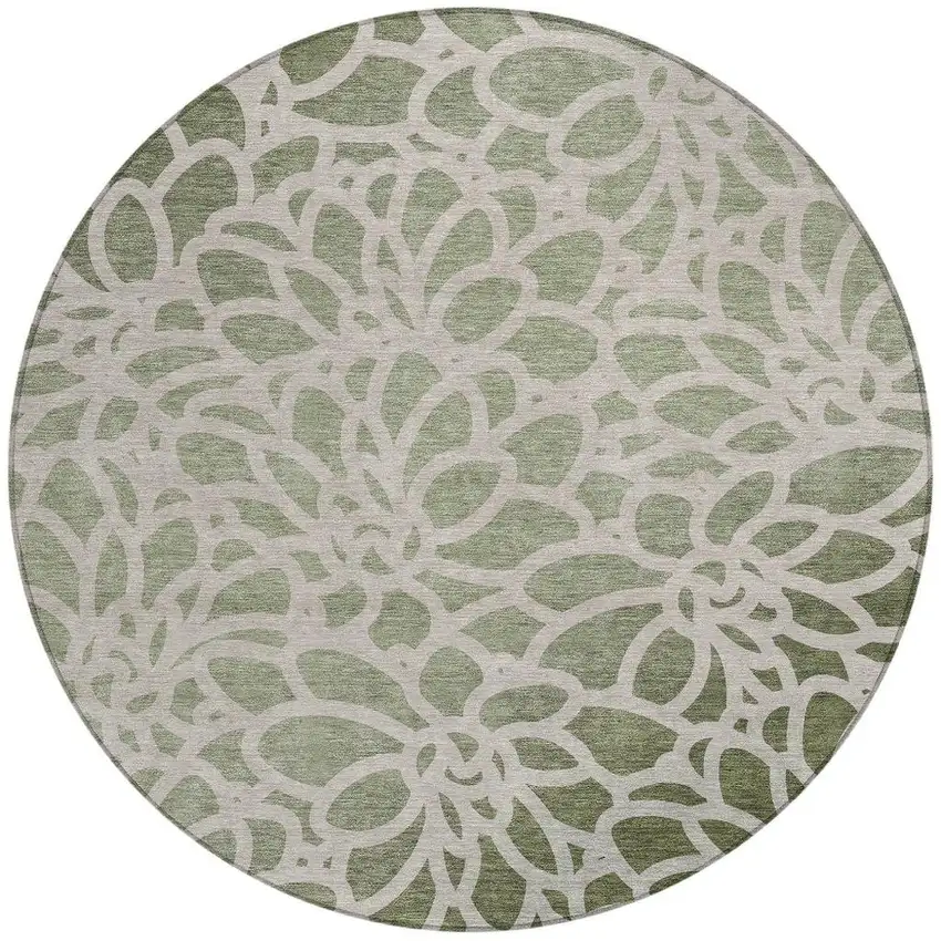 8' Lime Green And Beige Round Botanical Leaves Washable Indoor Outdoor Area Rug Photo 2