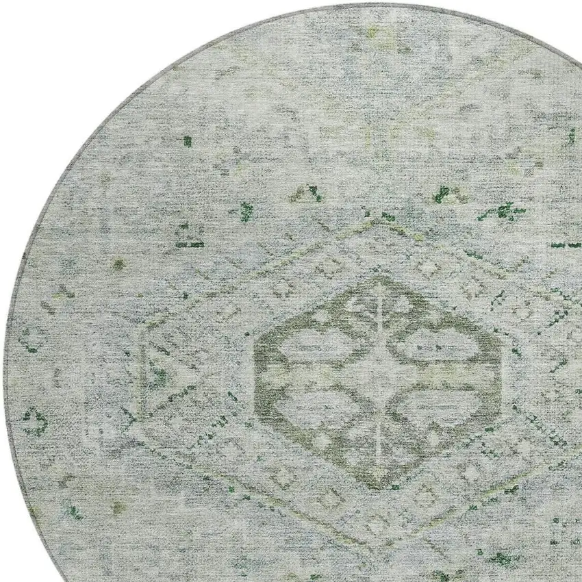 8' Lime Green And Beige Round Medallion Washable Indoor Outdoor Area Rug Photo 2