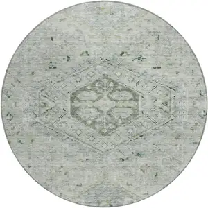 Photo of 8' Lime Green And Beige Round Medallion Washable Indoor Outdoor Area Rug
