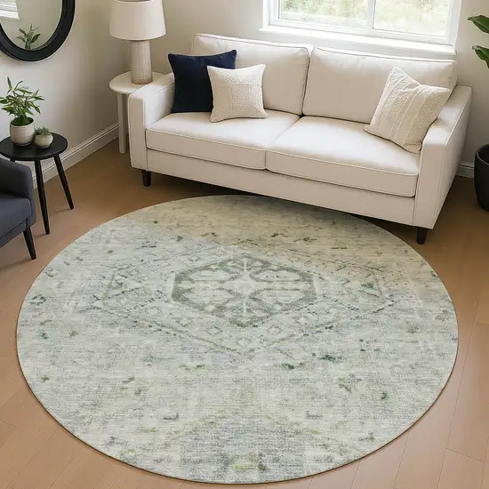 8' Lime Green And Beige Round Medallion Washable Indoor Outdoor Area Rug Photo 5