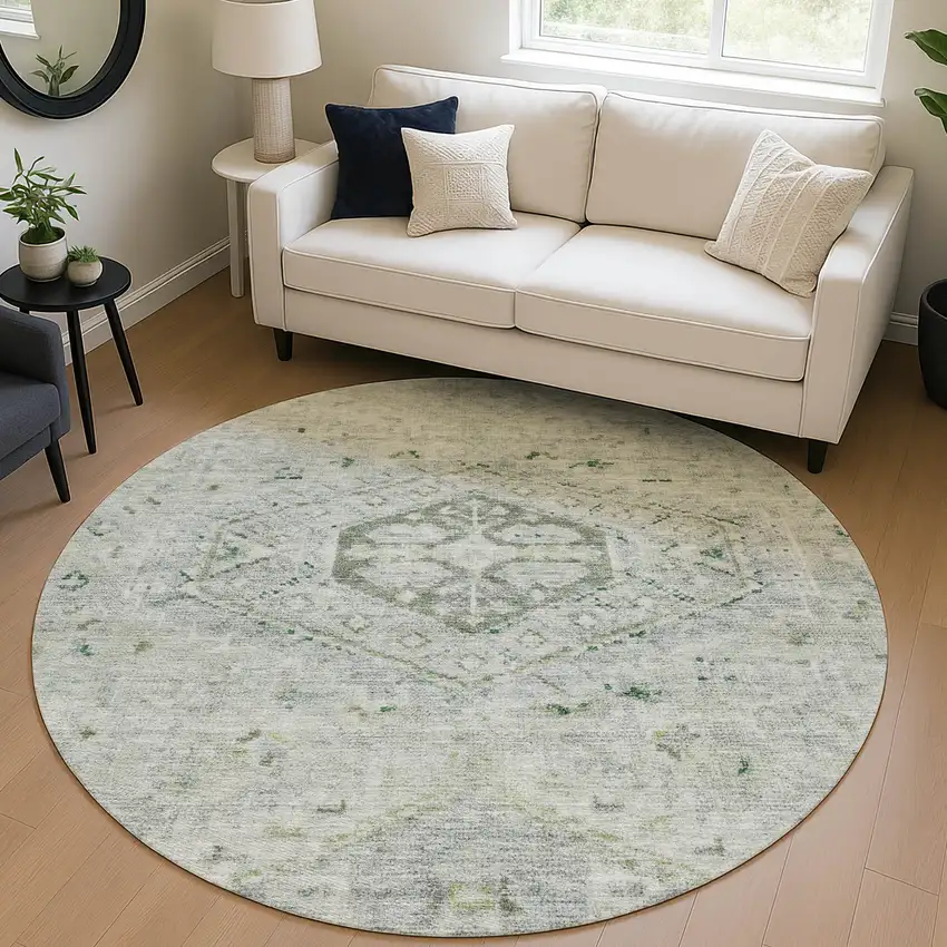 8' Lime Green And Beige Round Medallion Washable Indoor Outdoor Area Rug Photo 5