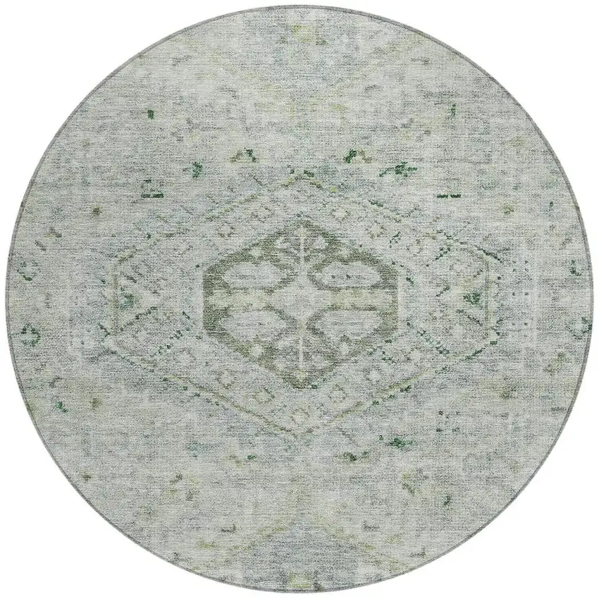 8' Lime Green And Beige Round Medallion Washable Indoor Outdoor Area Rug Photo 3