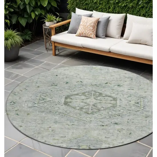 8' Lime Green And Beige Round Medallion Washable Indoor Outdoor Area Rug Photo 1