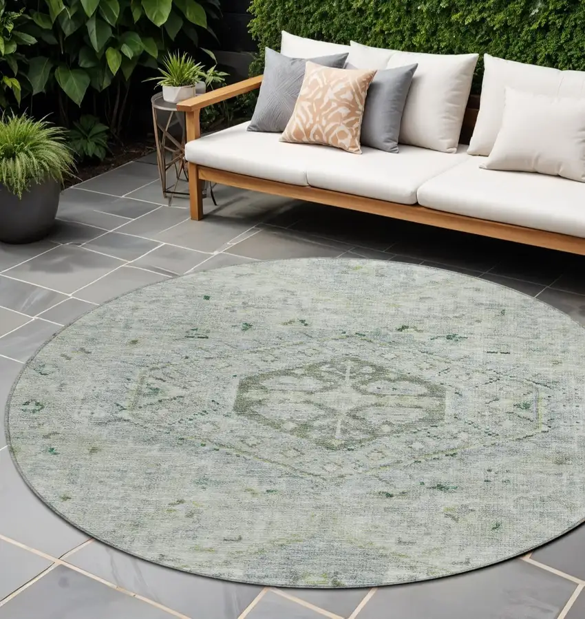 8' Lime Green And Beige Round Medallion Washable Indoor Outdoor Area Rug Photo 1