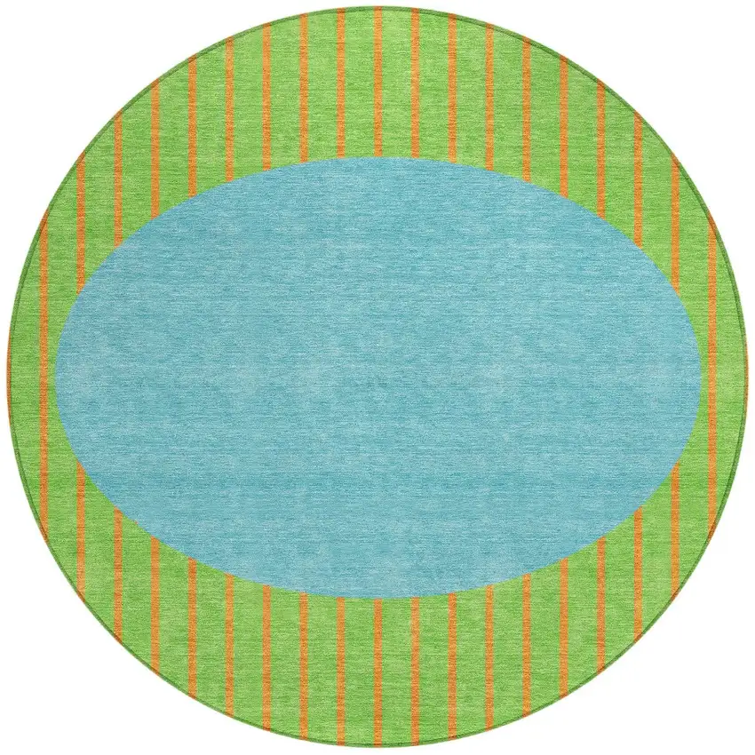 8' Lime Green And Blue Round Striped Washable Indoor Outdoor Area Rug Photo 5