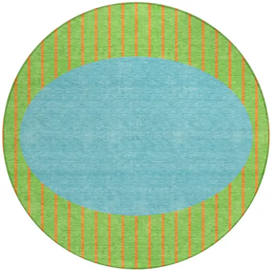 8' Lime Green And Blue Round Striped Washable Indoor Outdoor Area Rug Photo 5