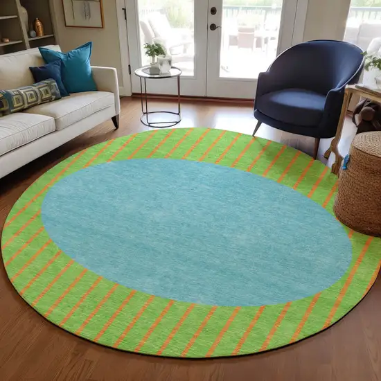 8' Lime Green And Blue Round Striped Washable Indoor Outdoor Area Rug Photo 7