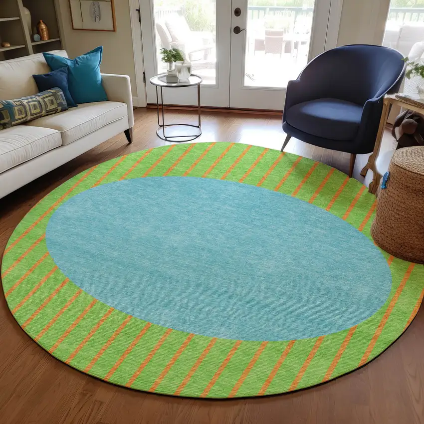 8' Lime Green And Blue Round Striped Washable Indoor Outdoor Area Rug Photo 7