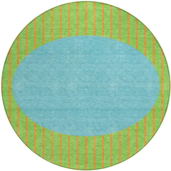 8' Lime Green And Blue Round Striped Washable Indoor Outdoor Area Rug Photo 2