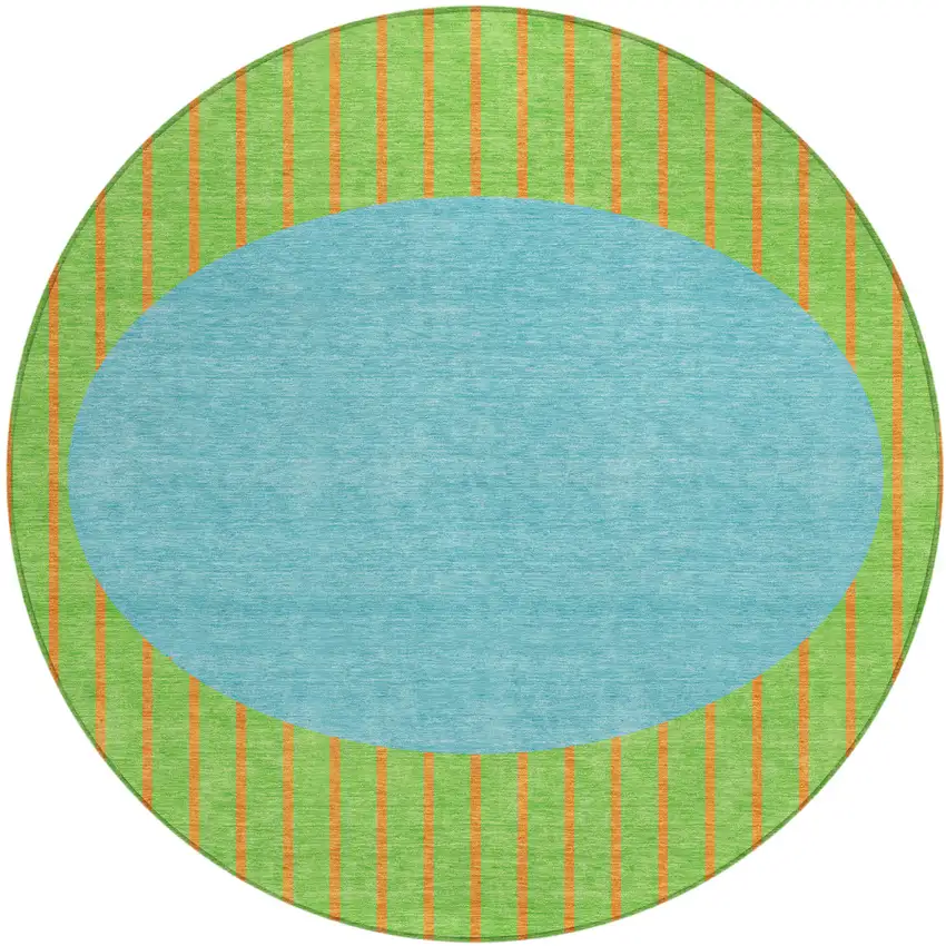 8' Lime Green And Blue Round Striped Washable Indoor Outdoor Area Rug Photo 2
