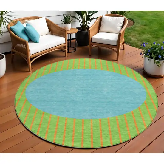 8' Lime Green And Blue Round Striped Washable Indoor Outdoor Area Rug Photo 1