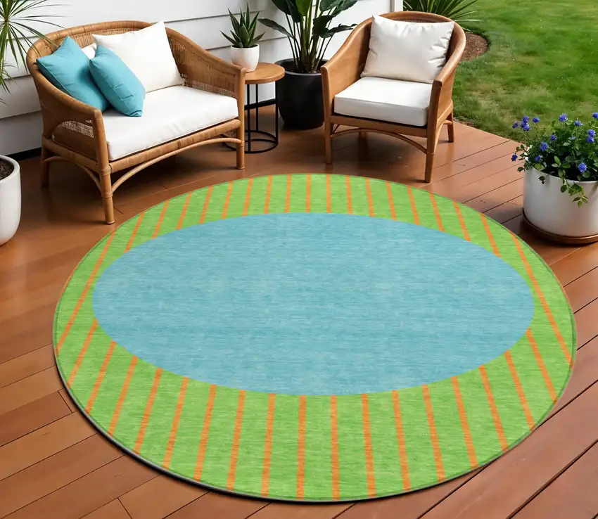 8' Lime Green And Blue Round Striped Washable Indoor Outdoor Area Rug Photo 1