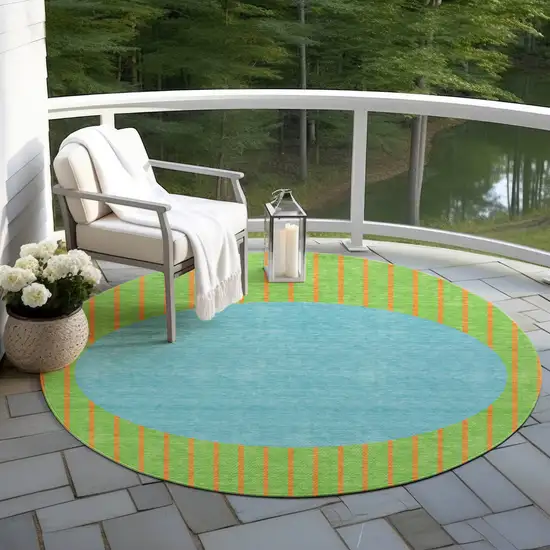 8' Lime Green And Blue Round Striped Washable Indoor Outdoor Area Rug Photo 6
