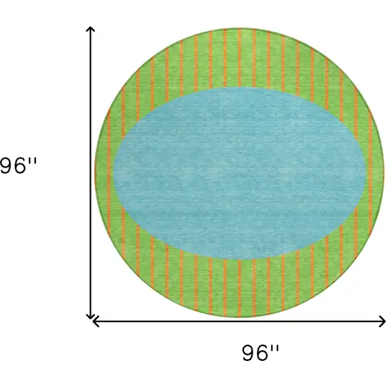 8' Lime Green And Blue Round Striped Washable Indoor Outdoor Area Rug Photo 3