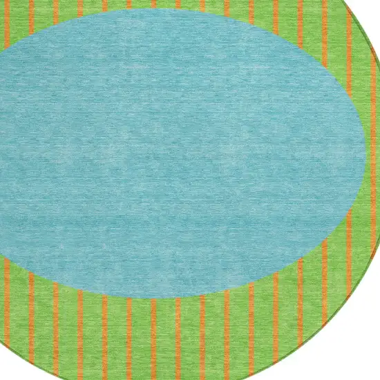 8' Lime Green And Blue Round Striped Washable Indoor Outdoor Area Rug Photo 4