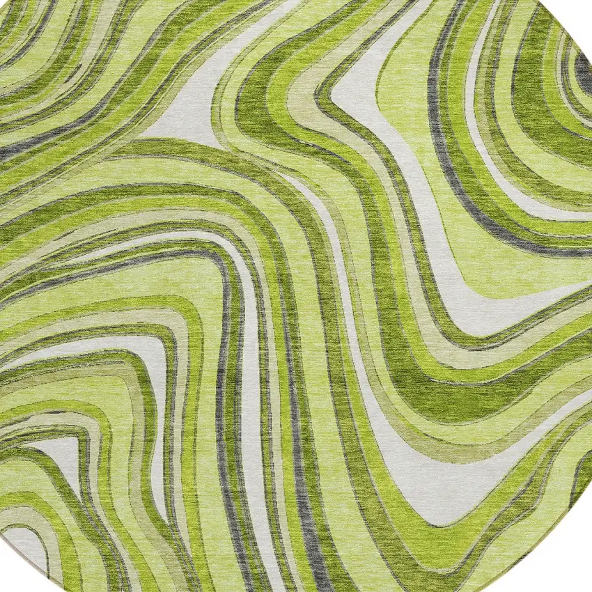 8' Lime Green And Charcoal Round Abstract Washable Indoor Outdoor Area Rug Photo 4