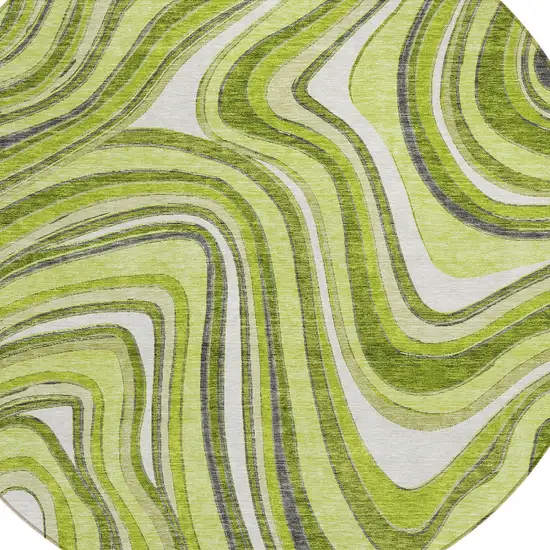 8' Lime Green And Charcoal Round Abstract Washable Indoor Outdoor Area Rug Photo 4