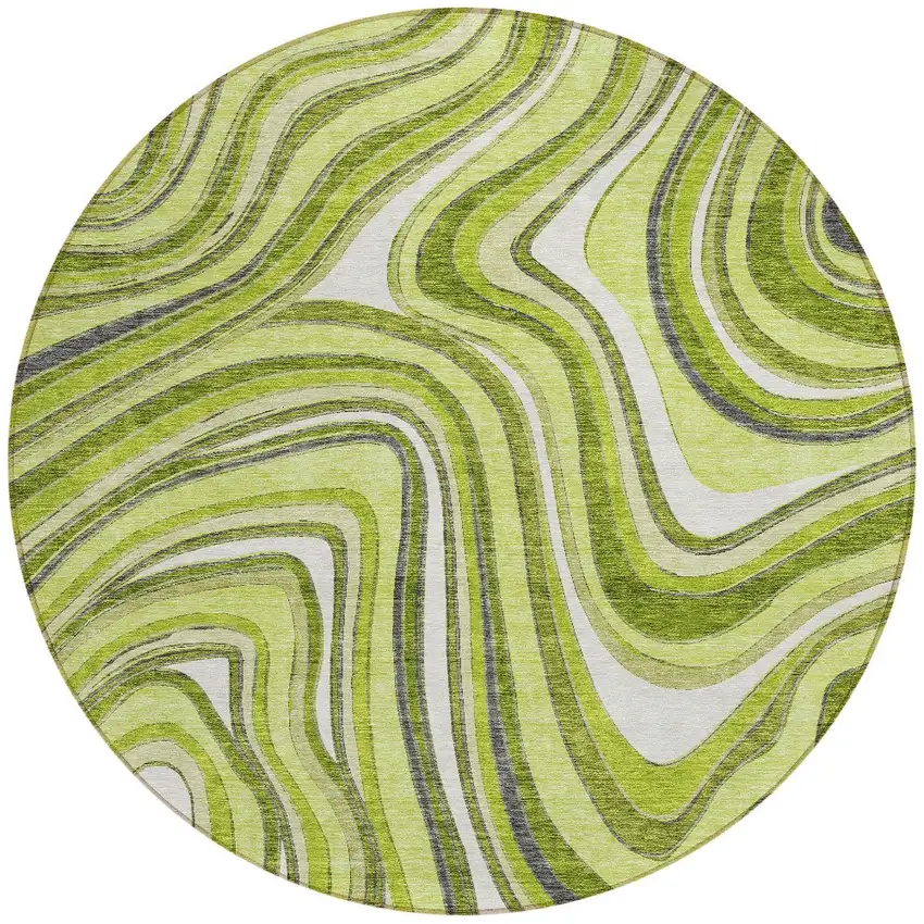 8' Lime Green And Charcoal Round Abstract Washable Indoor Outdoor Area Rug Photo 5
