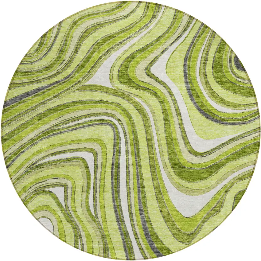 8' Lime Green And Charcoal Round Abstract Washable Indoor Outdoor Area Rug Photo 1