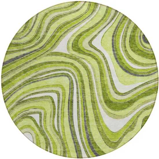 8' Lime Green And Charcoal Round Abstract Washable Indoor Outdoor Area Rug Photo 1