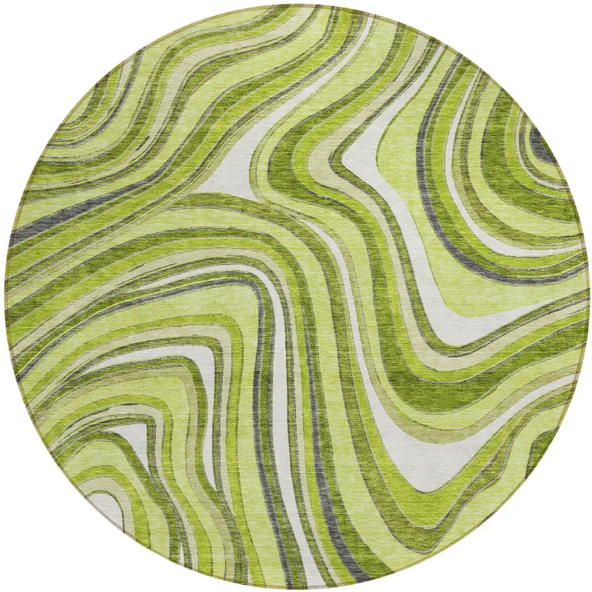 8' Lime Green And Charcoal Round Abstract Washable Indoor Outdoor Area Rug Photo 1