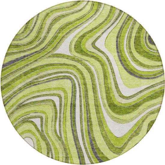 8' Lime Green And Charcoal Round Abstract Washable Indoor Outdoor Area Rug Photo 1