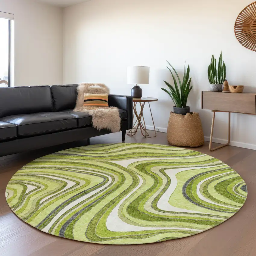 8' Lime Green And Charcoal Round Abstract Washable Indoor Outdoor Area Rug Photo 7