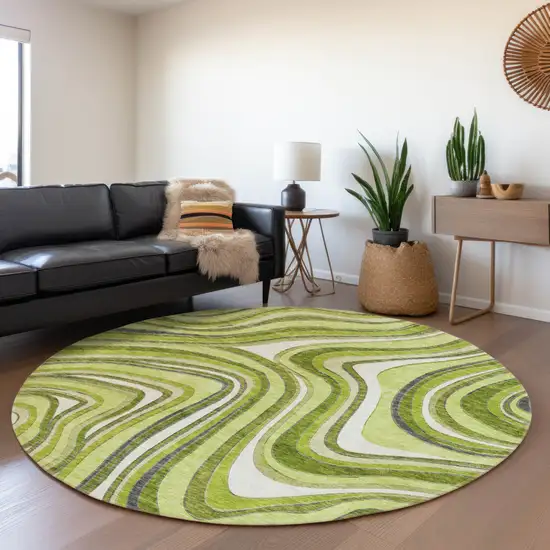 8' Lime Green And Charcoal Round Abstract Washable Indoor Outdoor Area Rug Photo 7