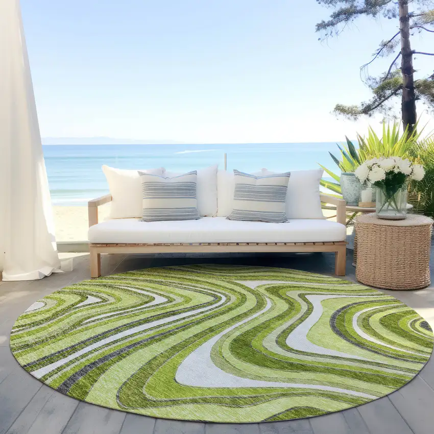 8' Lime Green And Charcoal Round Abstract Washable Indoor Outdoor Area Rug Photo 6