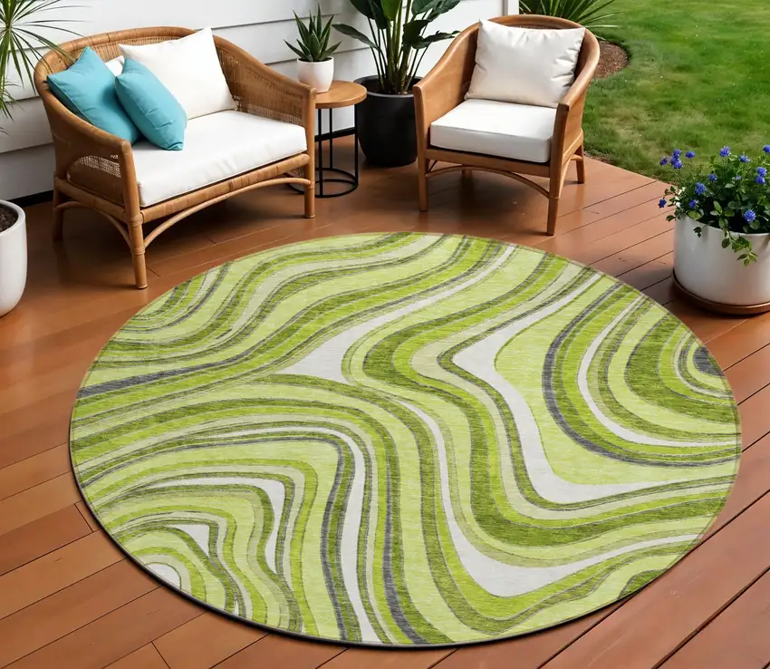 8' Lime Green And Charcoal Round Abstract Washable Indoor Outdoor Area Rug Photo 1