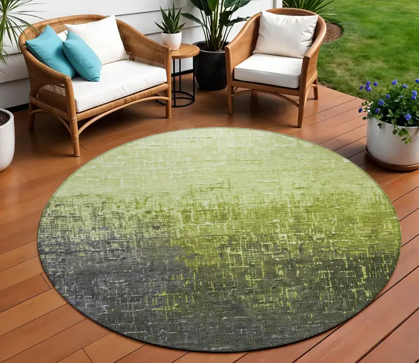 8' Lime Green And Dark Gray Round Ombre Washable Indoor Outdoor Area Rug Photo 1