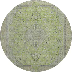 Photo of 8' Lime Green And Gray Floral Medallion Washable Round Rug With UV Protection