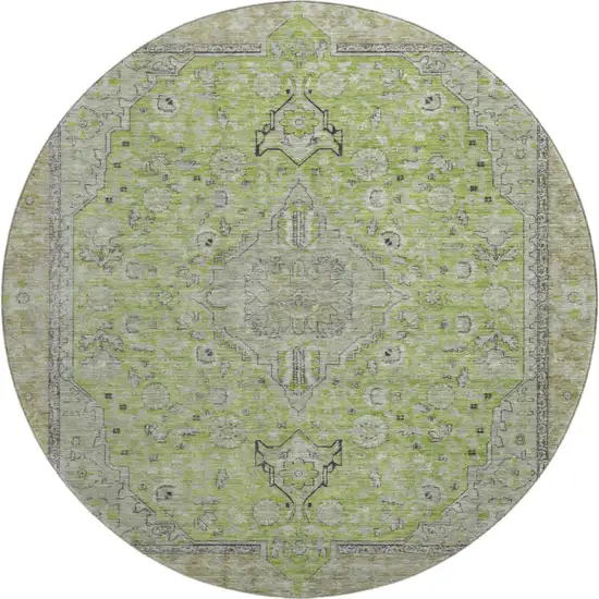 8' Lime Green And Gray Floral Medallion Washable Round Rug With UV Protection Photo 1