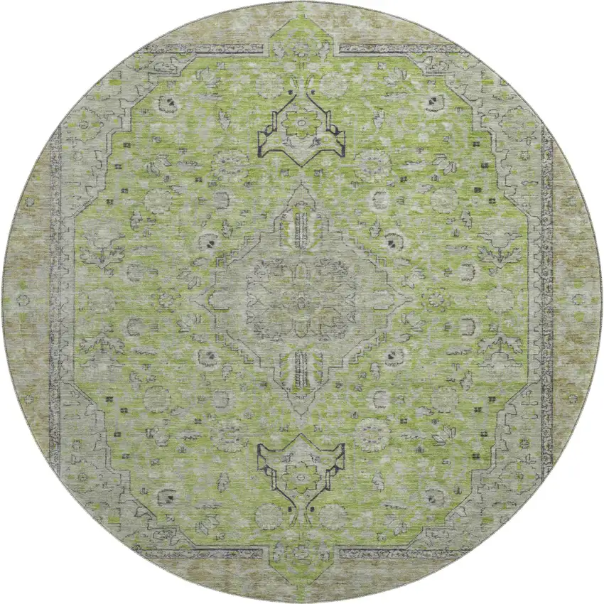 8' Lime Green And Gray Floral Medallion Washable Round Rug With UV Protection Photo 1