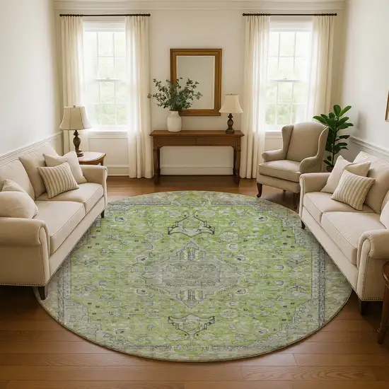 8' Lime Green And Gray Floral Medallion Washable Round Rug With UV Protection Photo 4