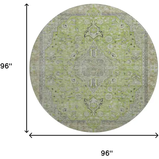8' Lime Green And Gray Floral Medallion Washable Round Rug With UV Protection Photo 9