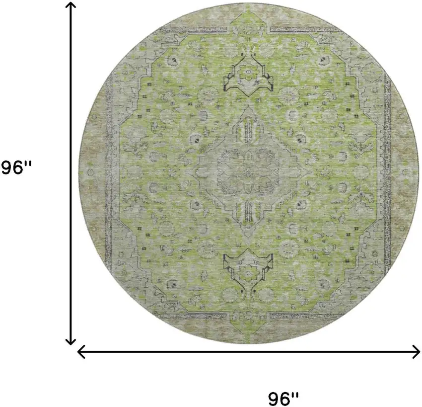 8' Lime Green And Gray Floral Medallion Washable Round Rug With UV Protection Photo 9